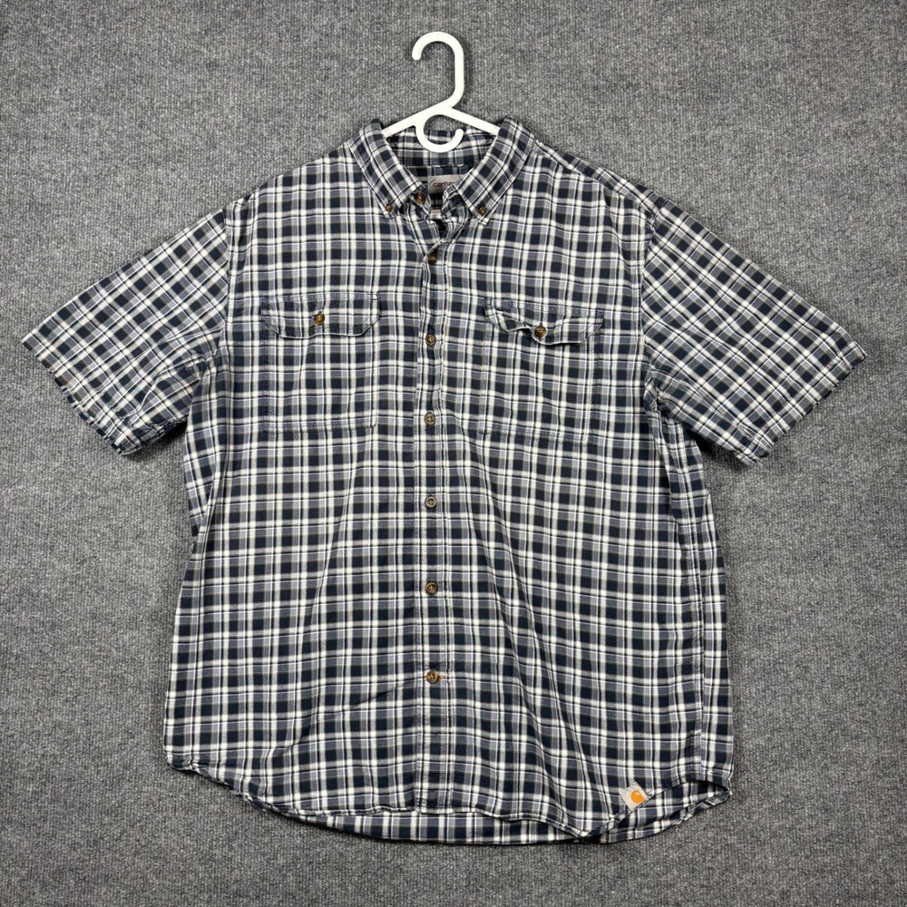 Carhartt Short Sleeve Button Down Shirt Mens XL Navy Plaid Relaxed Fit 101553